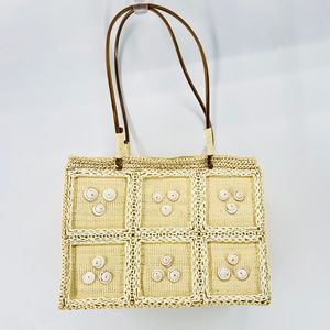 Vtg Woven Straw Raffia Box Shoulder Bag Basket Real Sea Shell Panel Purse Mint !